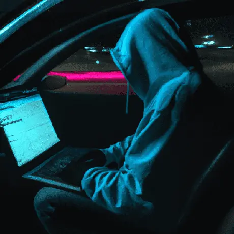 Andrej Acevski turned with his back wearing a hoodie and using a laptop